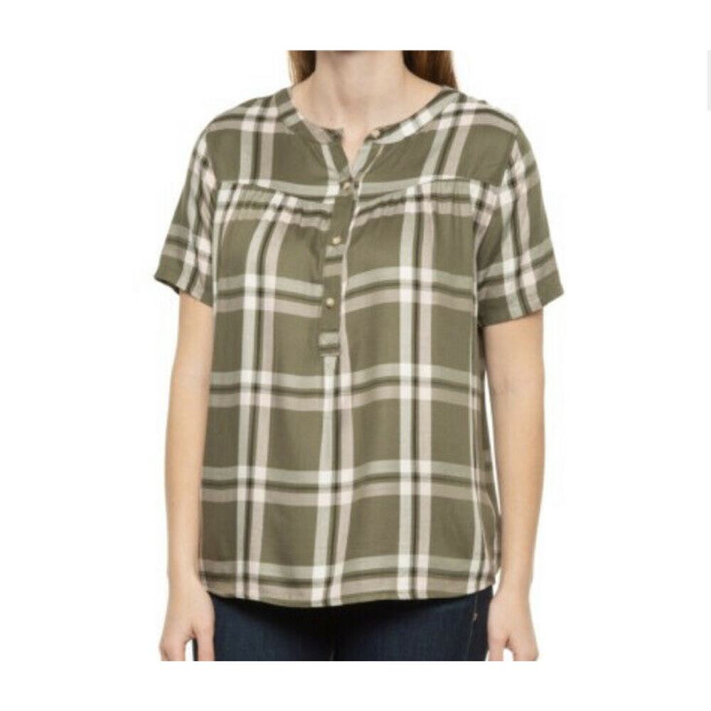 New C&C California Womans Small Blouse Top Plaid Short Sleeve Button Green NWT